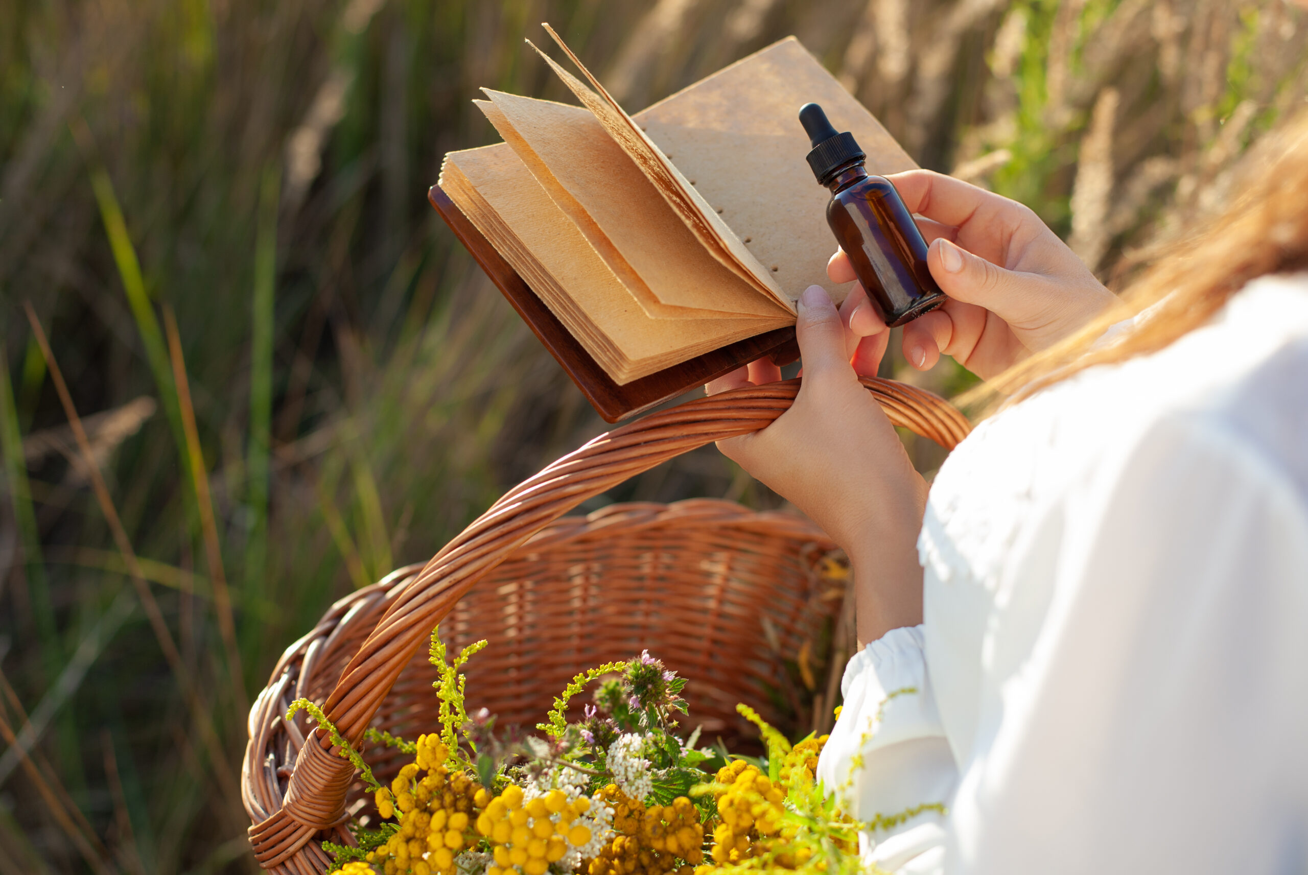 Natural herbal medicine, brown bottle - MOCKUP, blank note pad. Copy space for text.